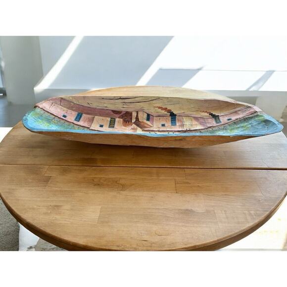 MEXICAN FOLK ART Hand Carved Decorative WOOD DISPLAY BOWL SIGNED PAINTED PUEBLO - Picture 2 of 16